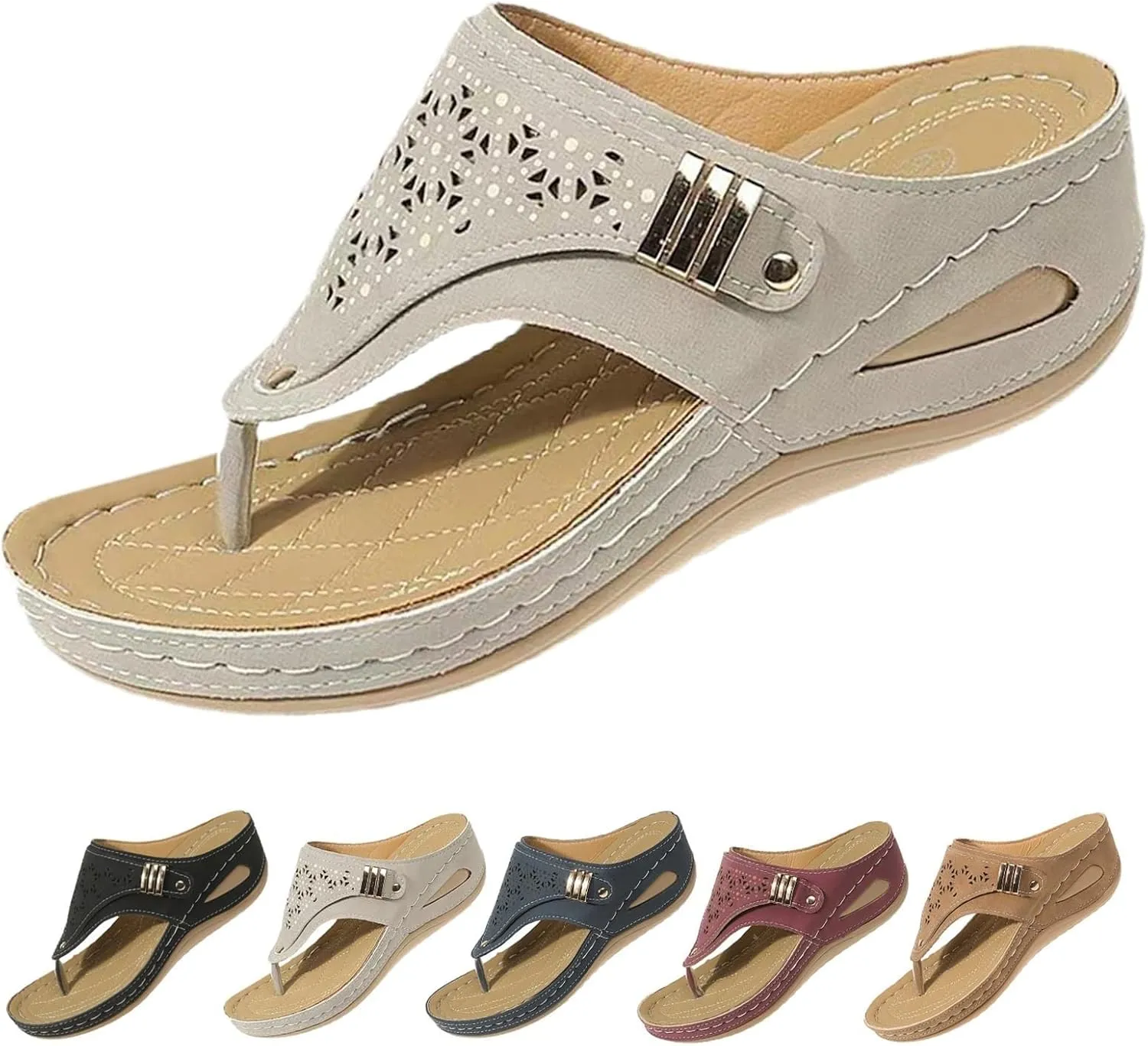 Canbebig Womens Flip Flops Non Slip Lightweight Orthopedic Sandals Breathable Mesh Sports Sandals Wedge Slippers with Arch Support Beach Casual Walking Shoe