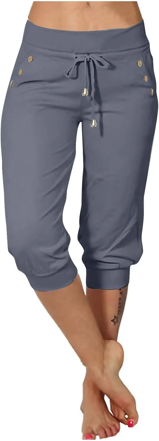 Capri Pants for Women High Waist Drawstring Comfy Pants Joggers Stretch Lightweigh Pant Cropped Beach Trousers
