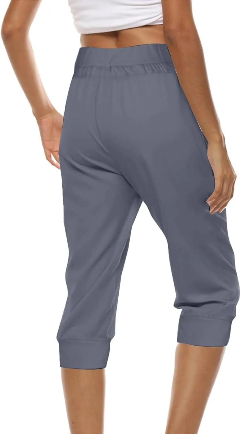 Capri Pants for Women High Waist Drawstring Comfy Pants Joggers Stretch Lightweigh Pant Cropped Beach Trousers