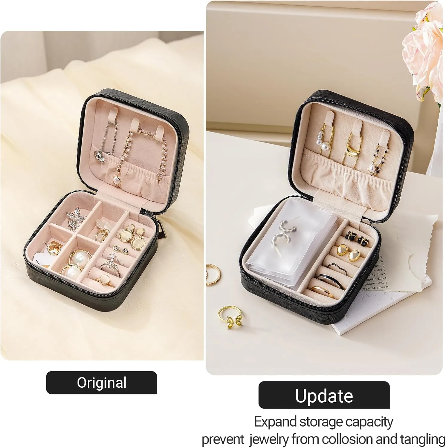 CASEGRACE Travel Jewelry Organizer Portable Small Jewelry Box Foldable Clear Pockets for Necklace Rings Bracelet Earrings Holder Organizer for Women, Black