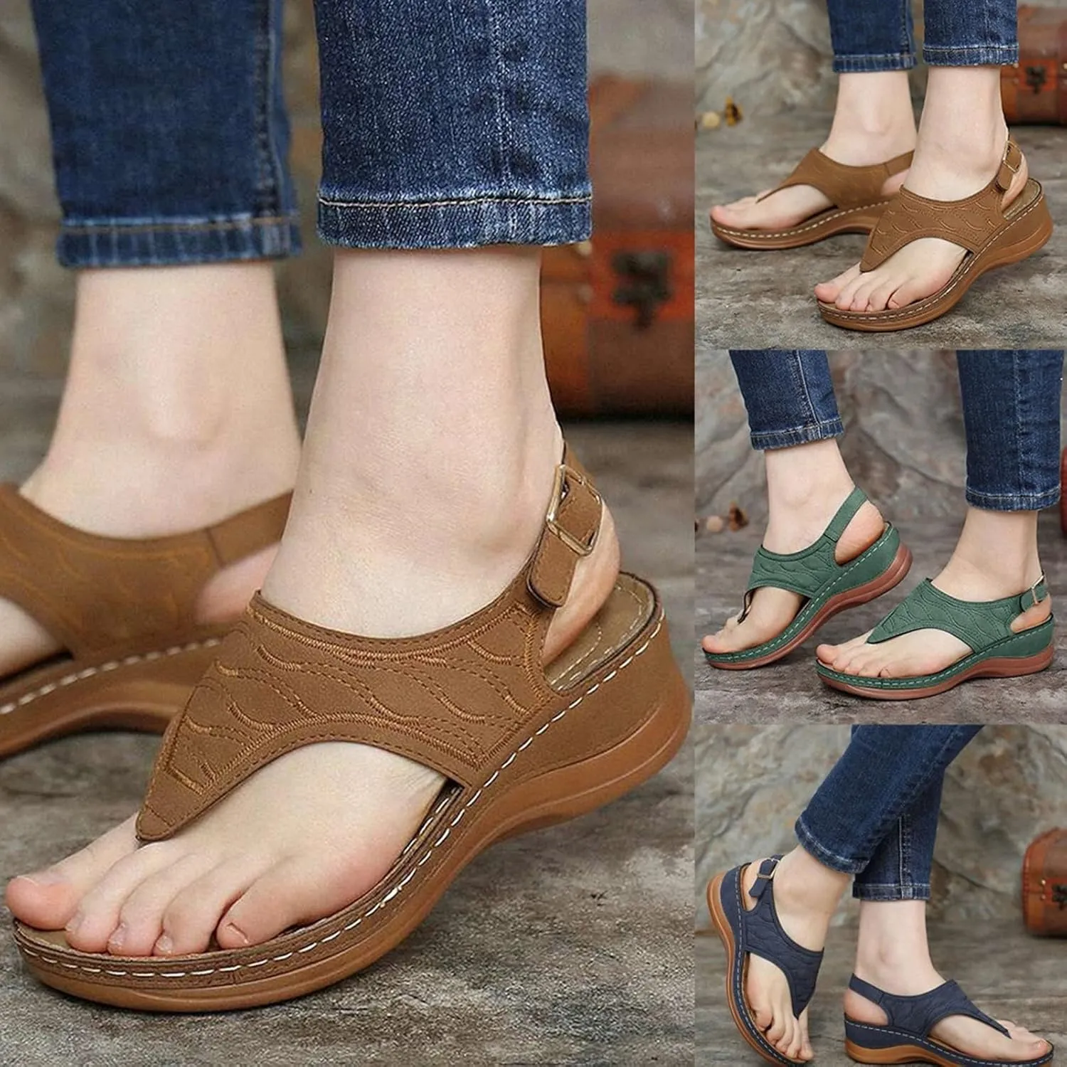 Cathalem Flat Sandals for Women, Women Walking Slippers with Arch Support Vintage Slip On Flip Flops