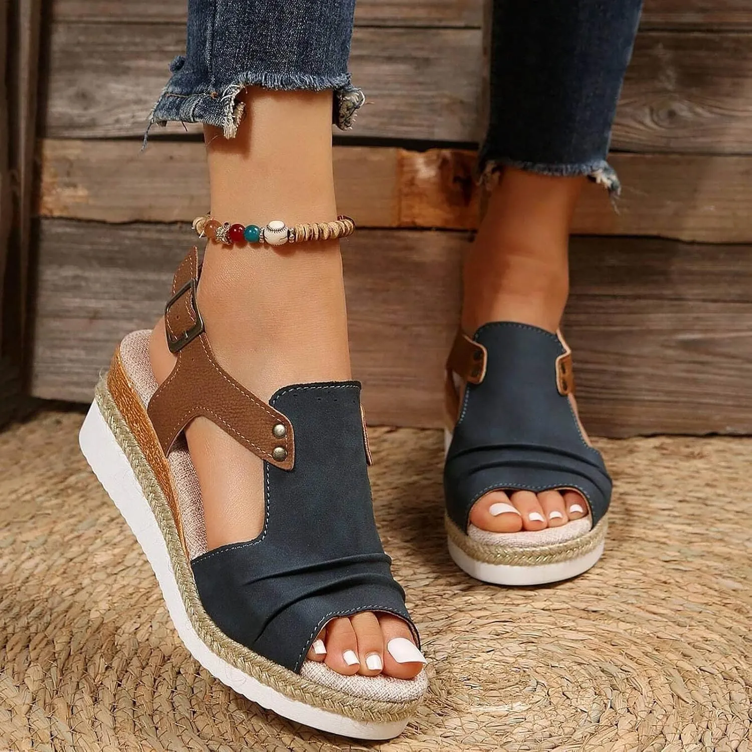 Cathalem Orthopedic Platform Wedge Sandals for Women Summer Dressy 2024 Flat Open Toe Ankle Strap Sandals Comfortable Slip on Beach Sandals