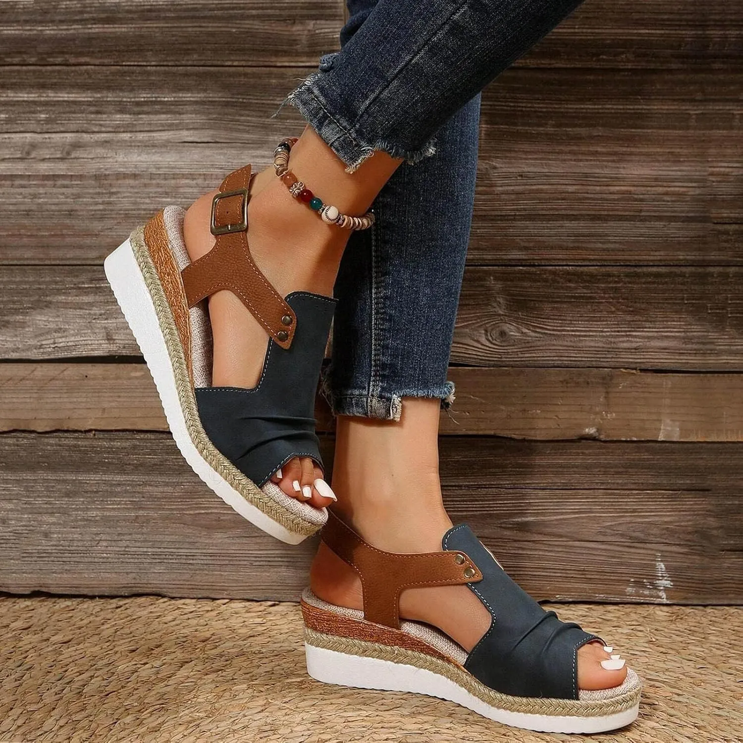 Cathalem Orthopedic Platform Wedge Sandals for Women Summer Dressy 2024 Flat Open Toe Ankle Strap Sandals Comfortable Slip on Beach Sandals