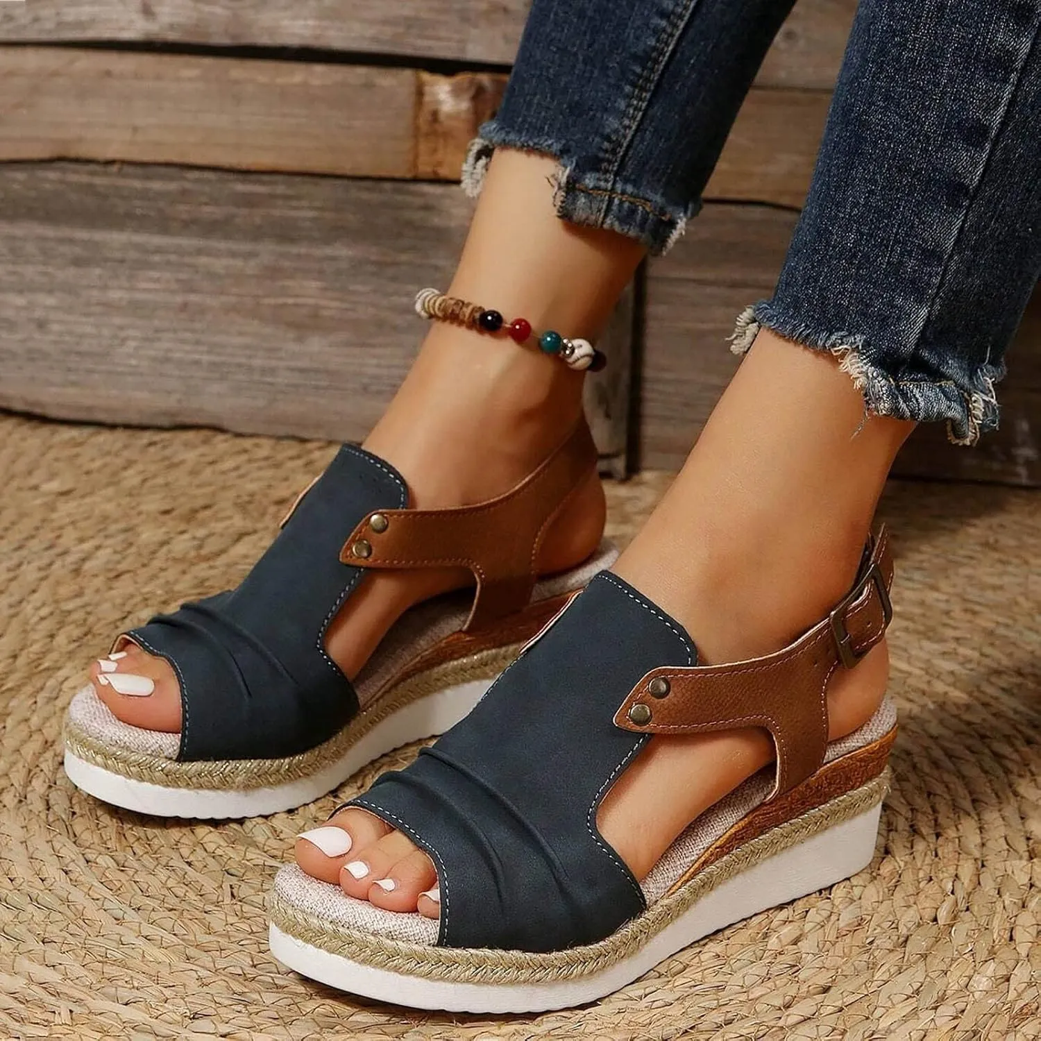 Cathalem Orthopedic Platform Wedge Sandals for Women Summer Dressy 2024 Flat Open Toe Ankle Strap Sandals Comfortable Slip on Beach Sandals