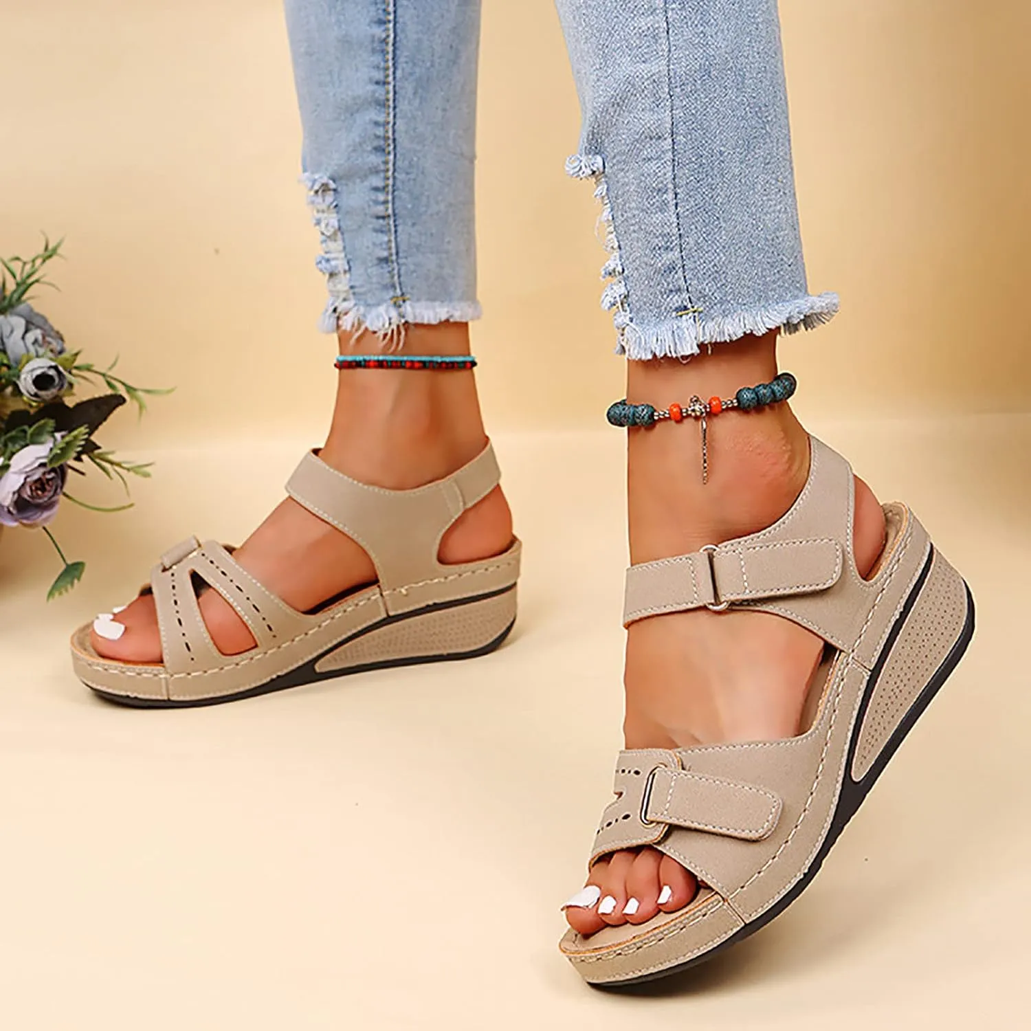 Cathalem Orthopedic Wedge Sandals for Women Open Toe Ankle Strap Platform Casual Wedges Summer Beach Dress Shoes Comfortable Outdoor
