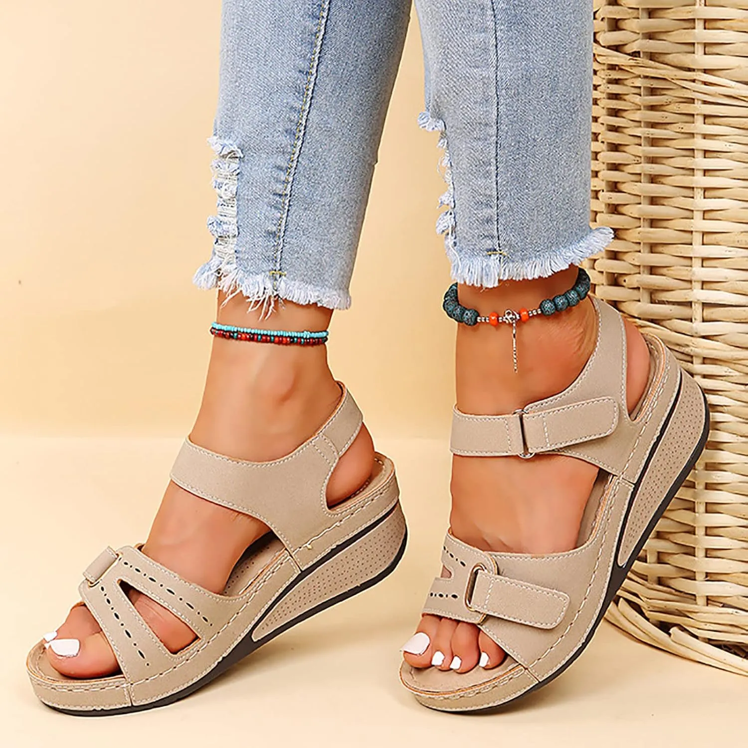 Cathalem Orthopedic Wedge Sandals for Women Open Toe Ankle Strap Platform Casual Wedges Summer Beach Dress Shoes Comfortable Outdoor