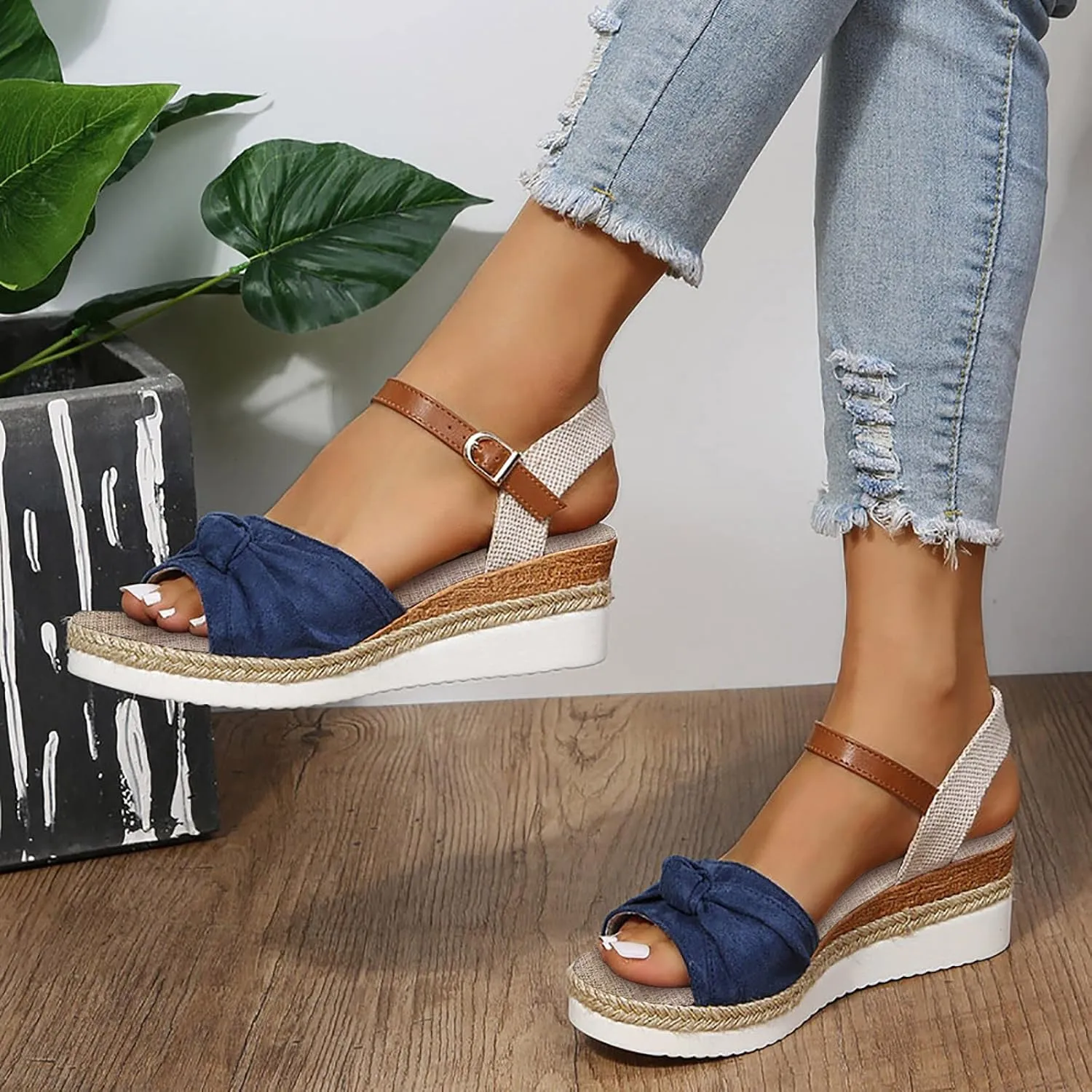 Cathalem Sandals Women Orthopedic Platform Wedge Sandals Flat Open Toe Ankle Strap Espadrilles Sandals Beach Boho Sandals