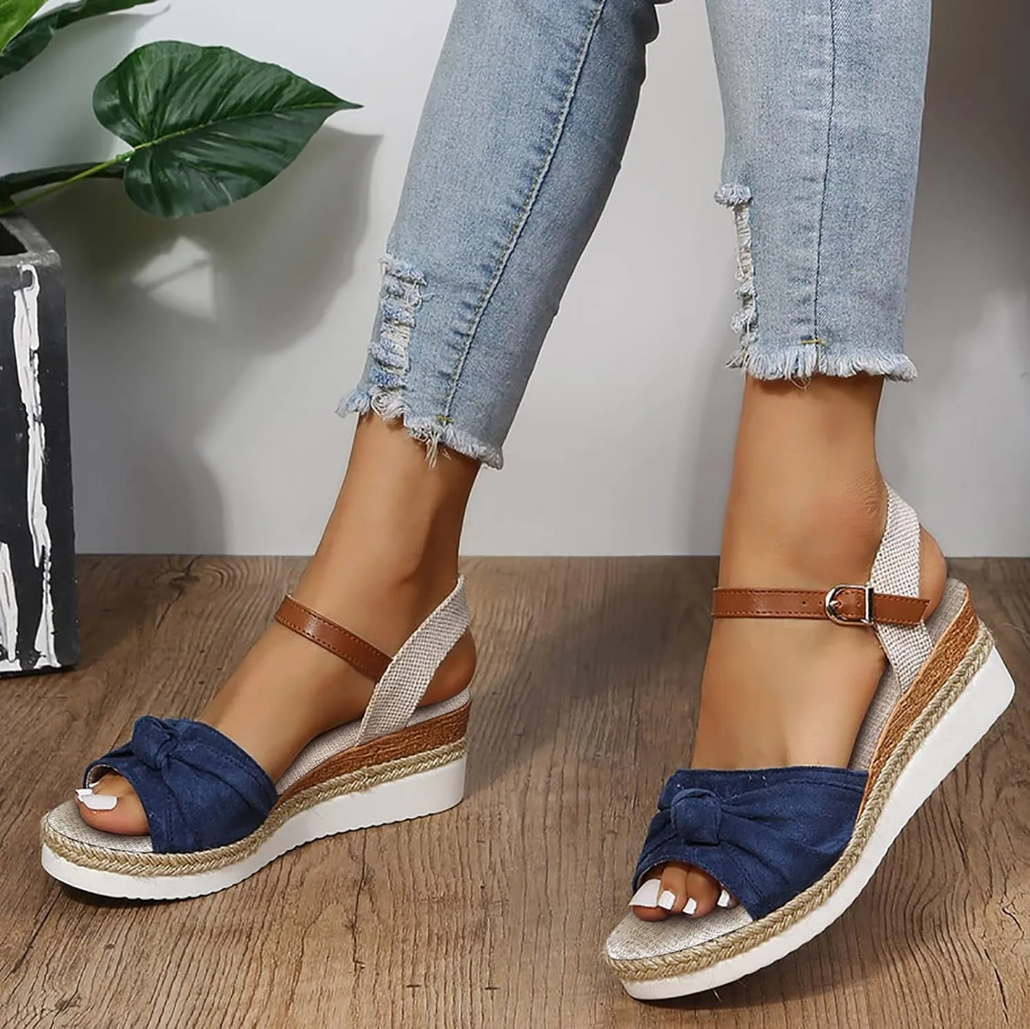Cathalem Sandals Women Orthopedic Platform Wedge Sandals Flat Open Toe Ankle Strap Espadrilles Sandals Beach Boho Sandals