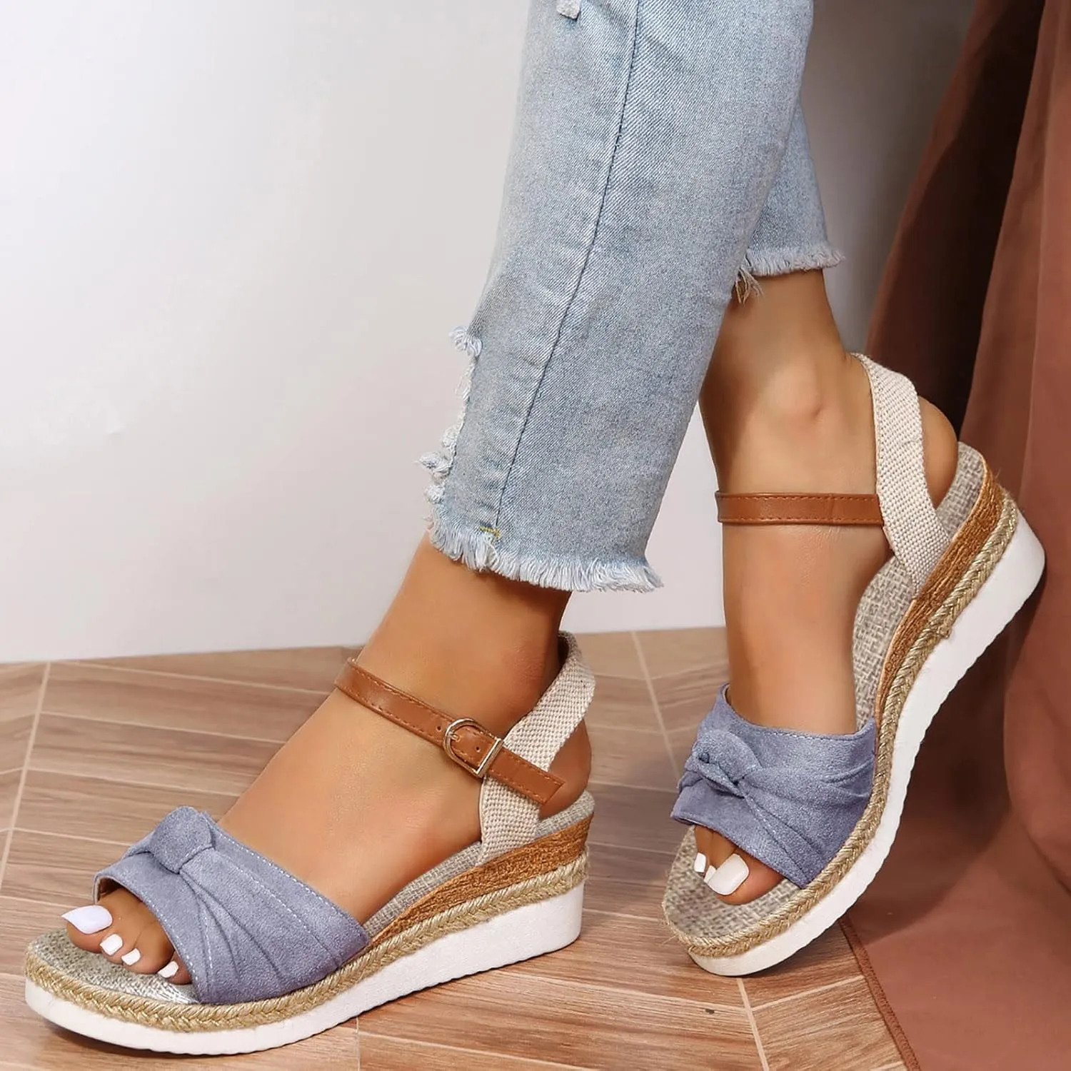Cathalem Sandals Women Orthopedic Platform Wedge Sandals Flat Open Toe Ankle Strap Espadrilles Sandals Beach Boho Sandals