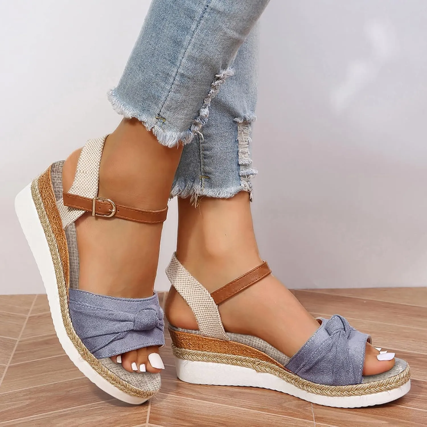 Cathalem Sandals Women Orthopedic Platform Wedge Sandals Flat Open Toe Ankle Strap Espadrilles Sandals Beach Boho Sandals