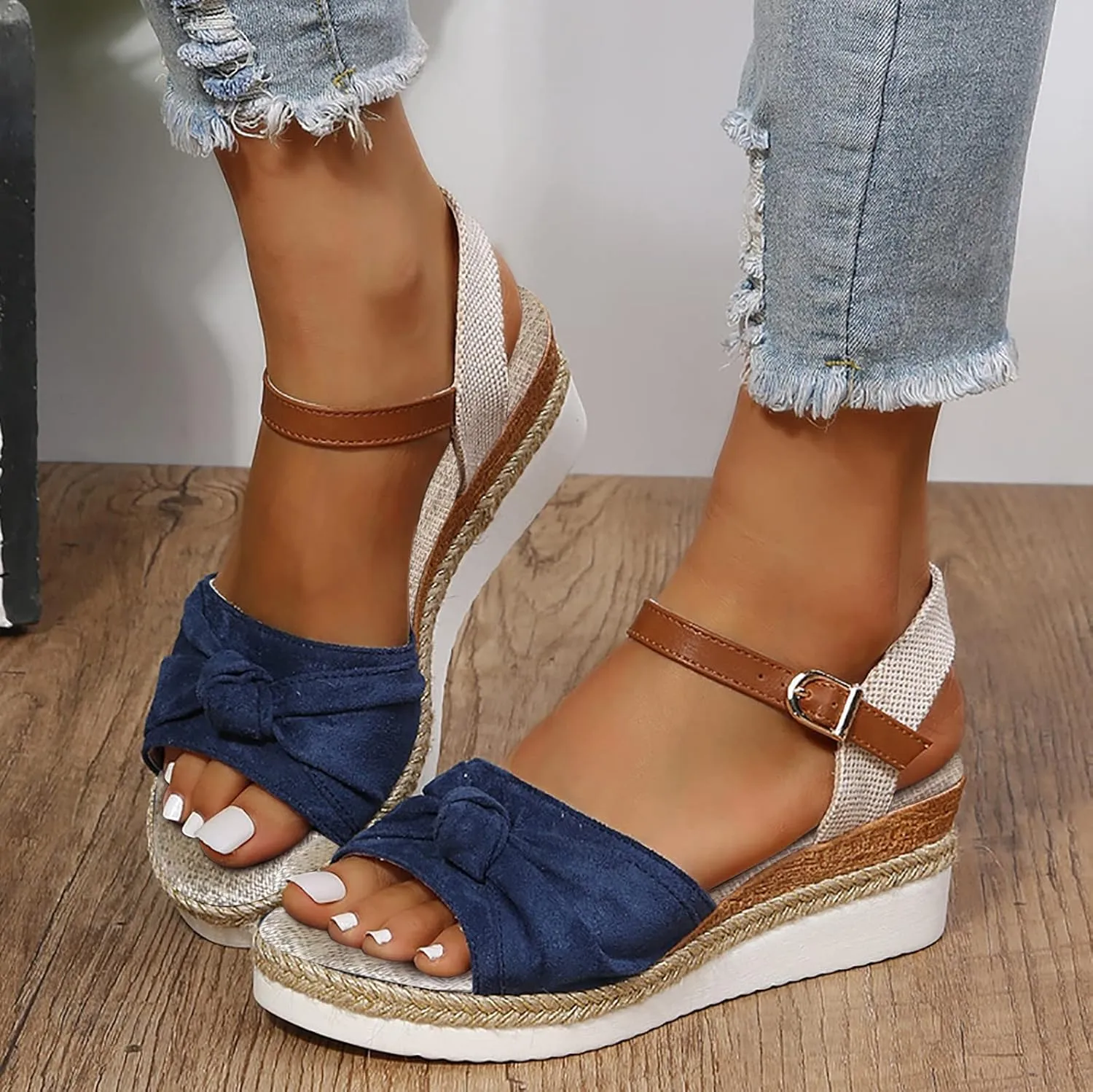 Cathalem Sandals Women Orthopedic Platform Wedge Sandals Flat Open Toe Ankle Strap Espadrilles Sandals Beach Boho Sandals