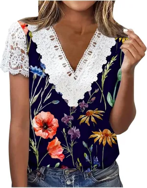 Ceboyel Women Guipure Lace Trim Boho Tops Floral Print Casual T Shirts Short Sleeve V Neck Dressy Blouse Going Out Clothing