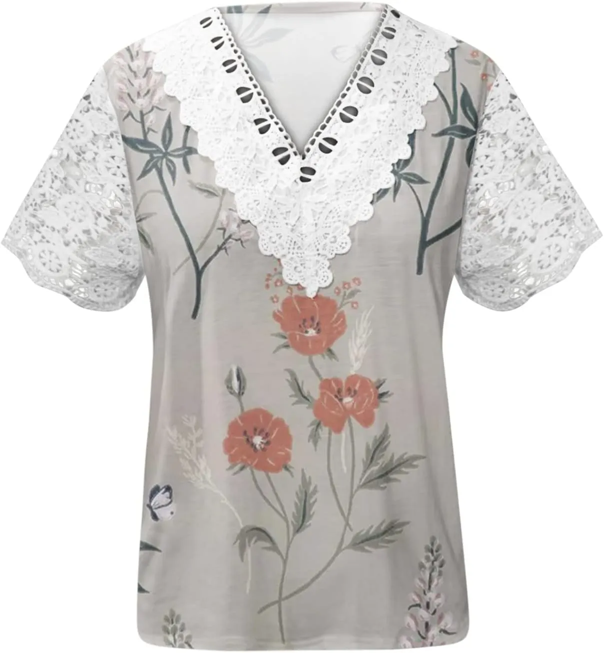 Ceboyel Women Guipure Lace Trim Boho Tops Floral Print Casual T Shirts Short Sleeve V Neck Dressy Blouse Going Out Clothing