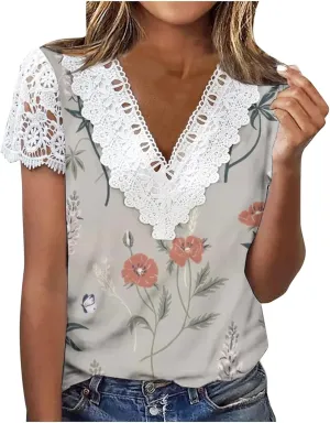Ceboyel Women Guipure Lace Trim Boho Tops Floral Print Casual T Shirts Short Sleeve V Neck Dressy Blouse Going Out Clothing