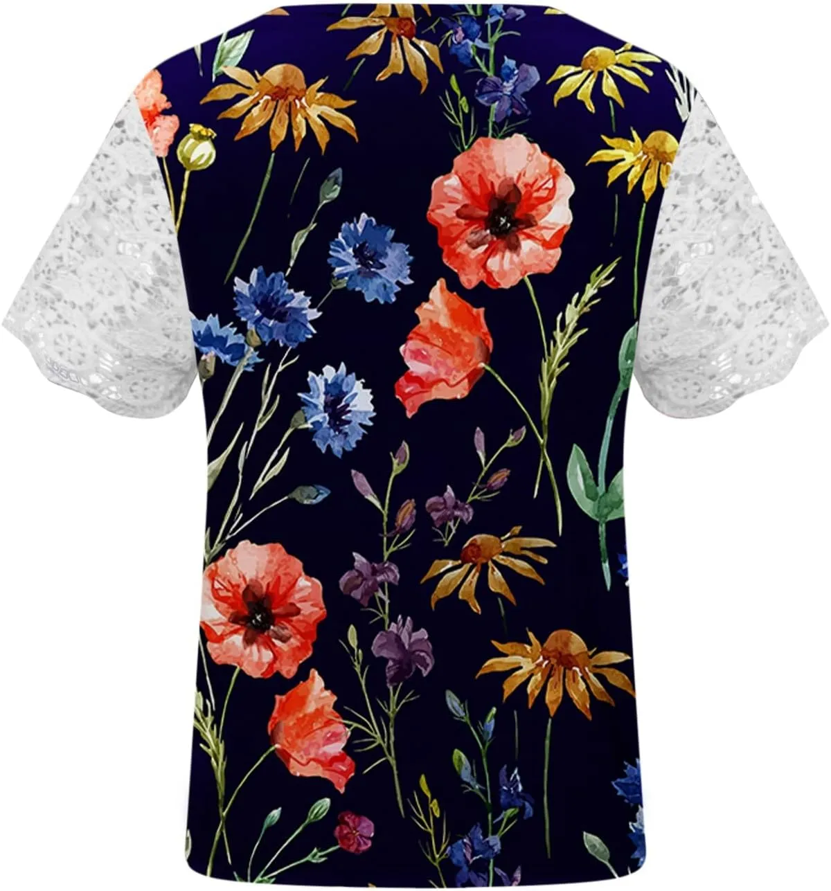 Ceboyel Women Guipure Lace Trim Boho Tops Floral Print Casual T Shirts Short Sleeve V Neck Dressy Blouse Going Out Clothing