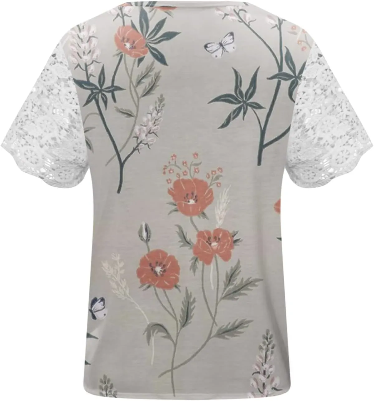 Ceboyel Women Guipure Lace Trim Boho Tops Floral Print Casual T Shirts Short Sleeve V Neck Dressy Blouse Going Out Clothing