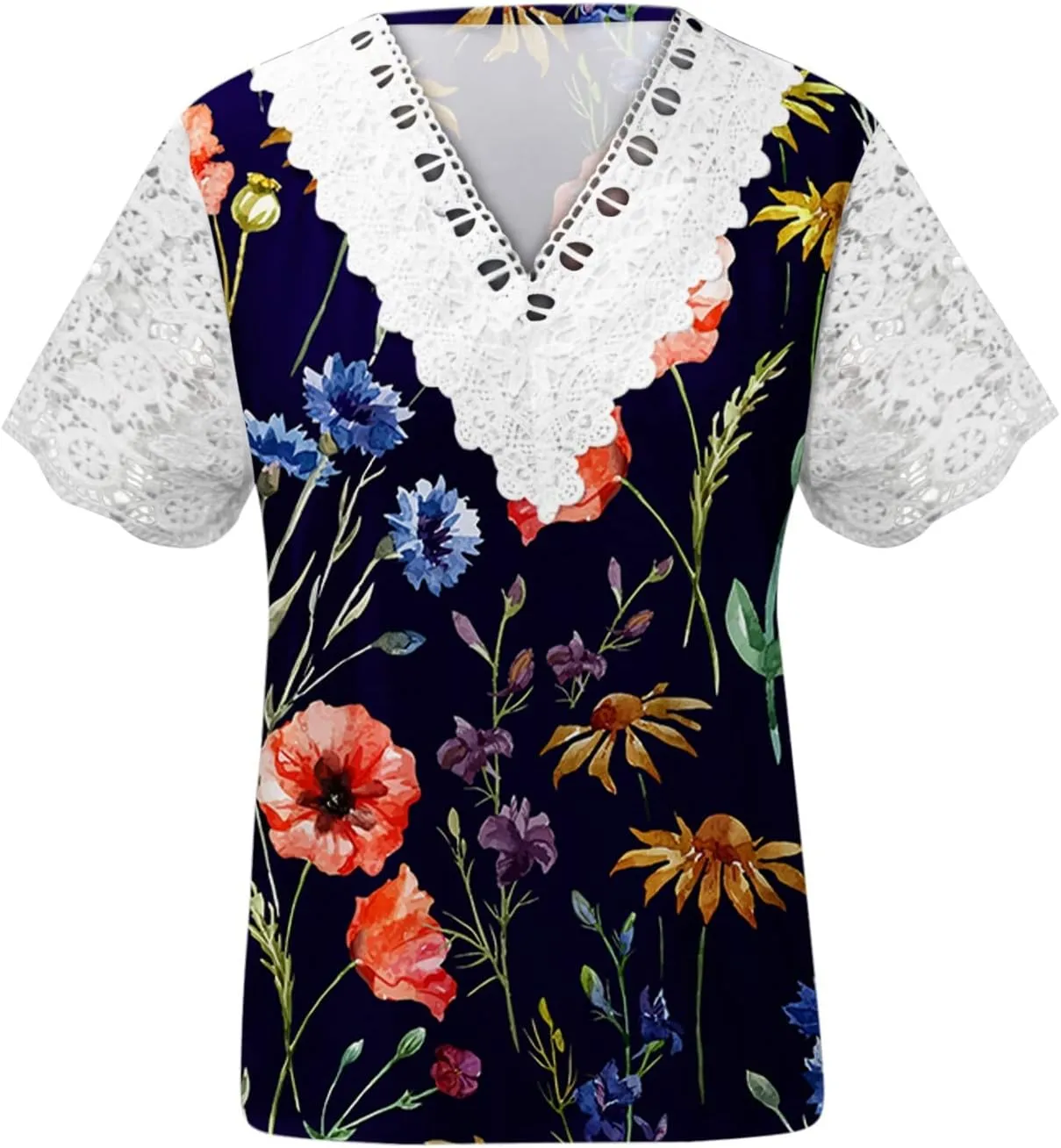 Ceboyel Women Guipure Lace Trim Boho Tops Floral Print Casual T Shirts Short Sleeve V Neck Dressy Blouse Going Out Clothing