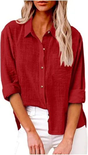 Ceboyel Women Long Sleeve Linen Shirts 2024 Button Down Summer Tops Cotton Gauze Trendy Blouse Dressy Causal Work Clothes