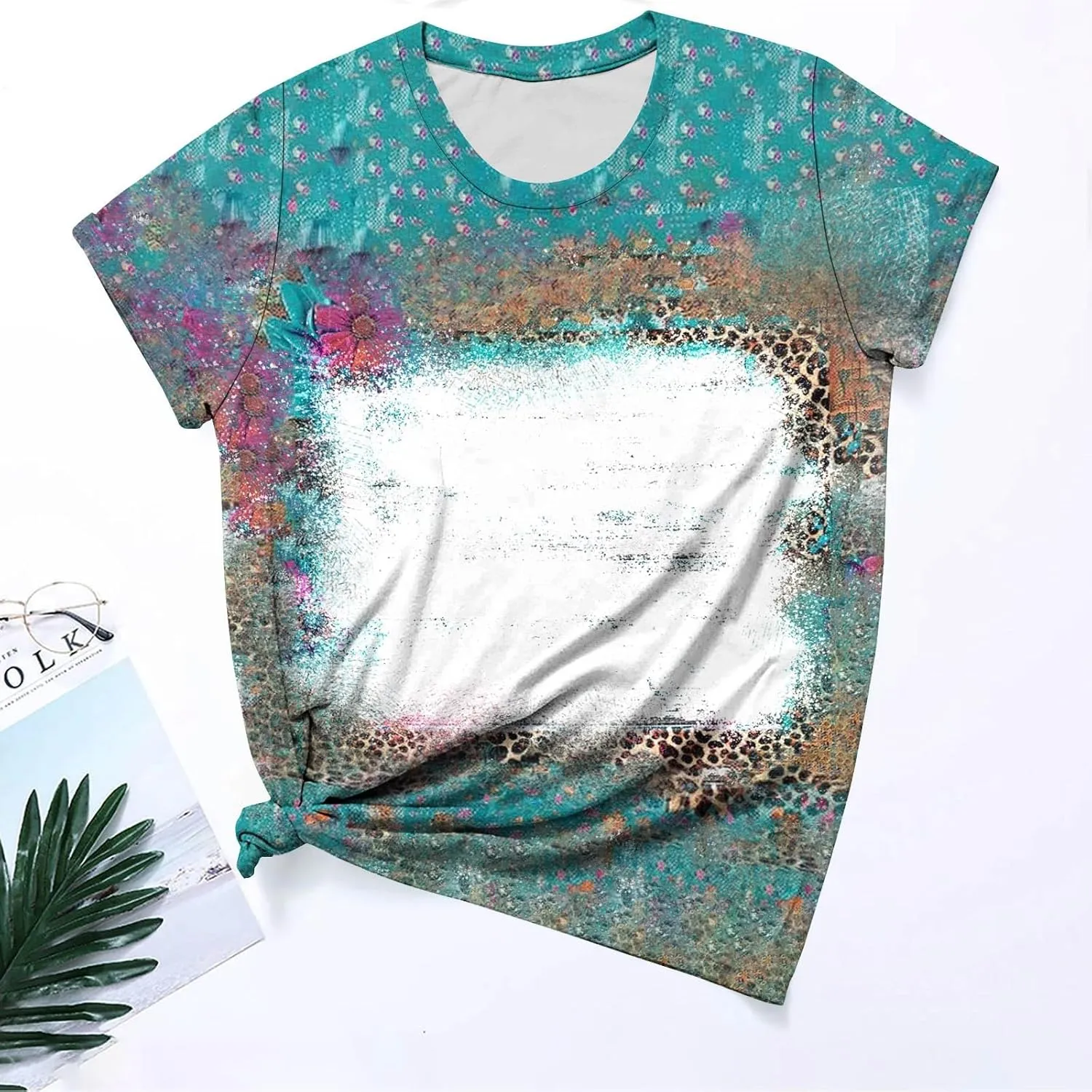 Ceboyel Womens Bleached Sublimation Blanks Shirts Leopard Graphic Tees Tops Short Sleeve Polyester Tshirts Cute Items Clothes