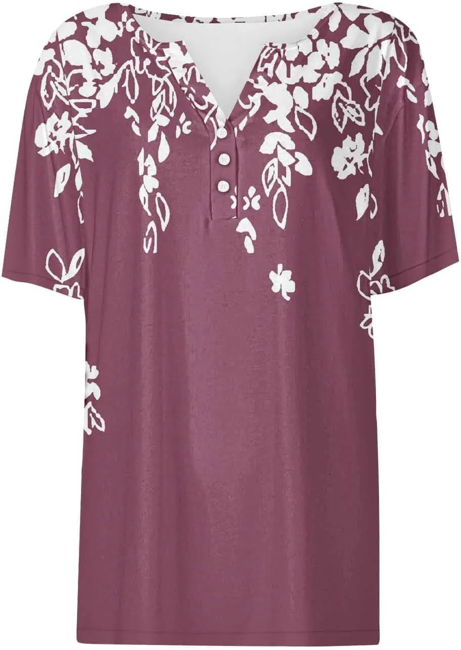 Ceboyel Womens Floral Print Summer Tops 2024 Dressy Causal Blouses Short Sleeve Henley Shirts Trendy Ladies Clothes