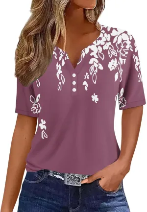 Ceboyel Womens Floral Print Summer Tops 2024 Dressy Causal Blouses Short Sleeve Henley Shirts Trendy Ladies Clothes