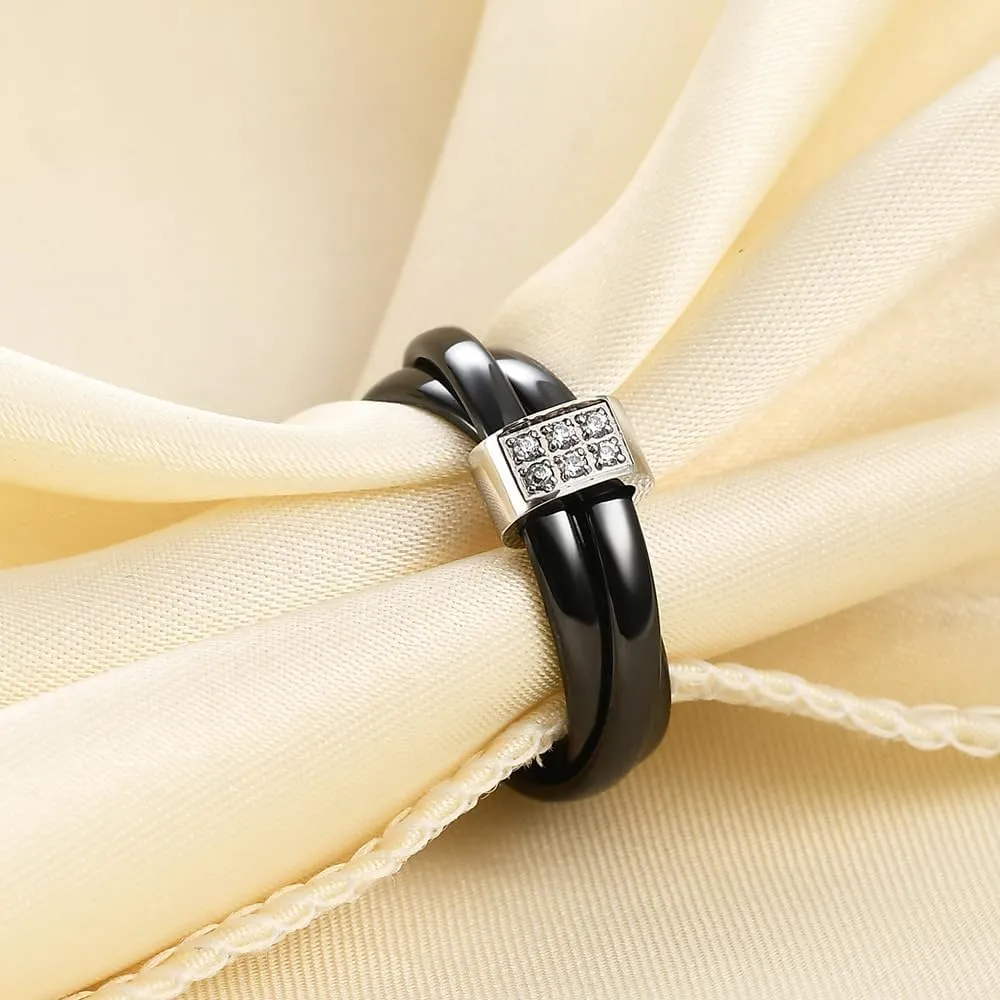 Ceramic Wedding Band Ring for Women Stackable Rings, Polished Ceramic with Stainless Steel & Zirconia Patchwork