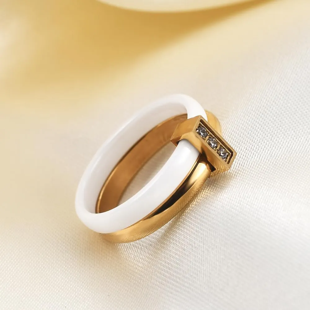 Ceramic Wedding Band Ring for Women Stackable Rings, Polished Ceramic with Stainless Steel & Zirconia Patchwork