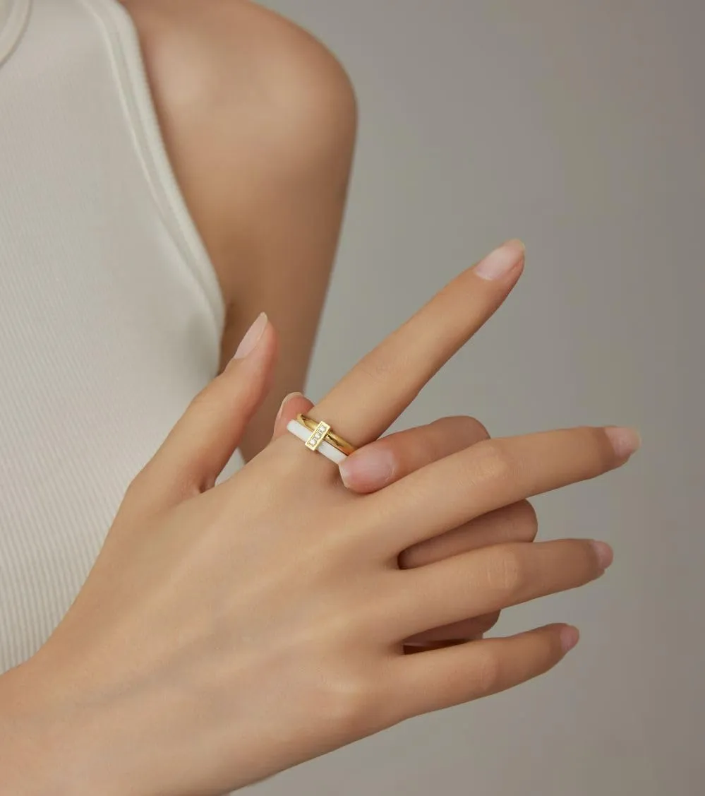 Ceramic Wedding Band Ring for Women Stackable Rings, Polished Ceramic with Stainless Steel & Zirconia Patchwork