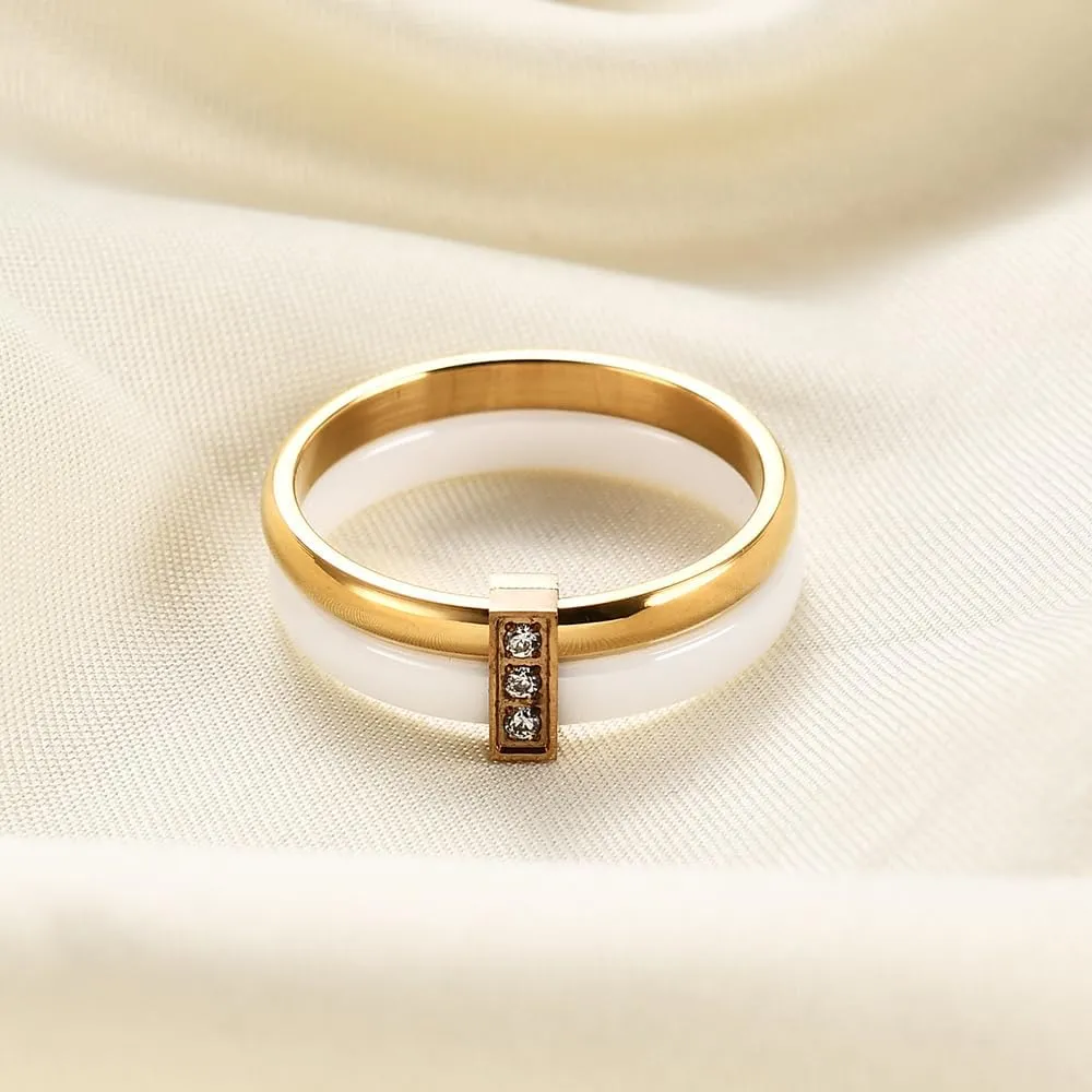 Ceramic Wedding Band Ring for Women Stackable Rings, Polished Ceramic with Stainless Steel & Zirconia Patchwork