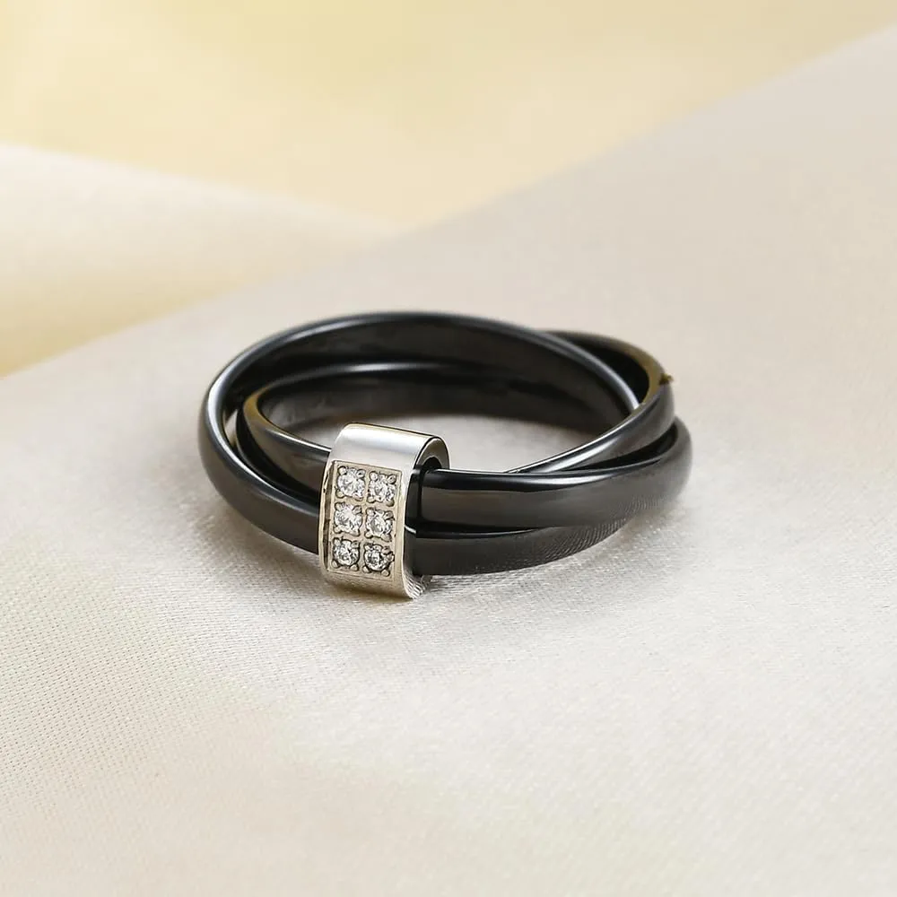 Ceramic Wedding Band Ring for Women Stackable Rings, Polished Ceramic with Stainless Steel & Zirconia Patchwork