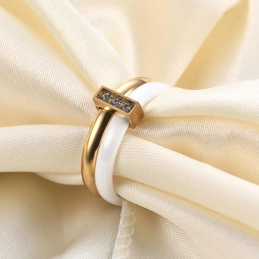 Ceramic Wedding Band Ring for Women Stackable Rings, Polished Ceramic with Stainless Steel & Zirconia Patchwork