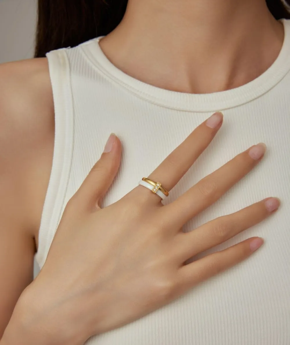 Ceramic Wedding Band Ring for Women Stackable Rings, Polished Ceramic with Stainless Steel & Zirconia Patchwork