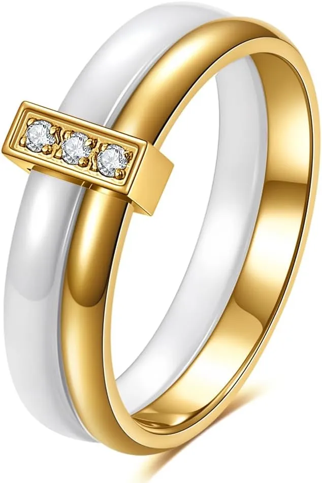 Ceramic Wedding Band Ring for Women Stackable Rings, Polished Ceramic with Stainless Steel & Zirconia Patchwork