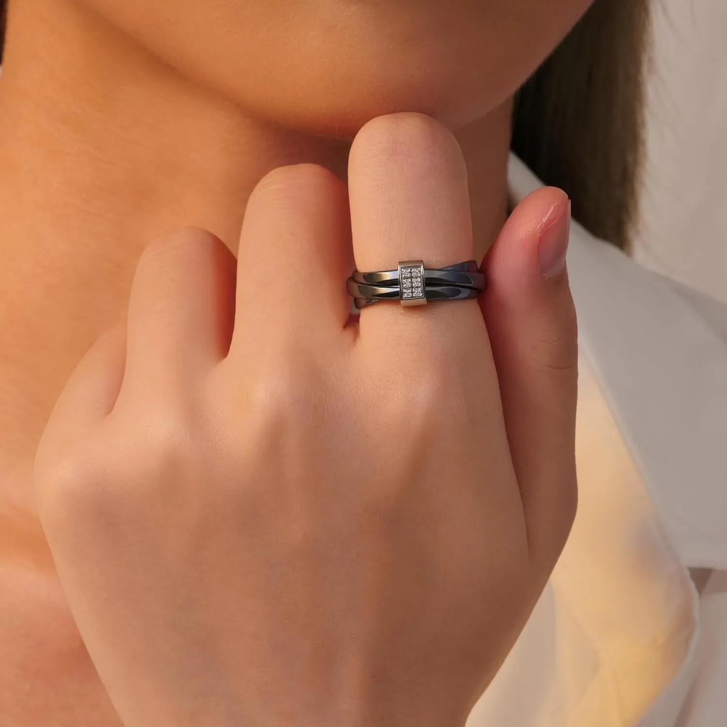 Ceramic Wedding Band Ring for Women Stackable Rings, Polished Ceramic with Stainless Steel & Zirconia Patchwork