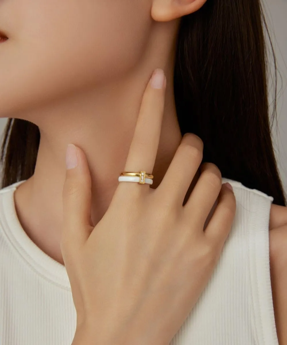 Ceramic Wedding Band Ring for Women Stackable Rings, Polished Ceramic with Stainless Steel & Zirconia Patchwork