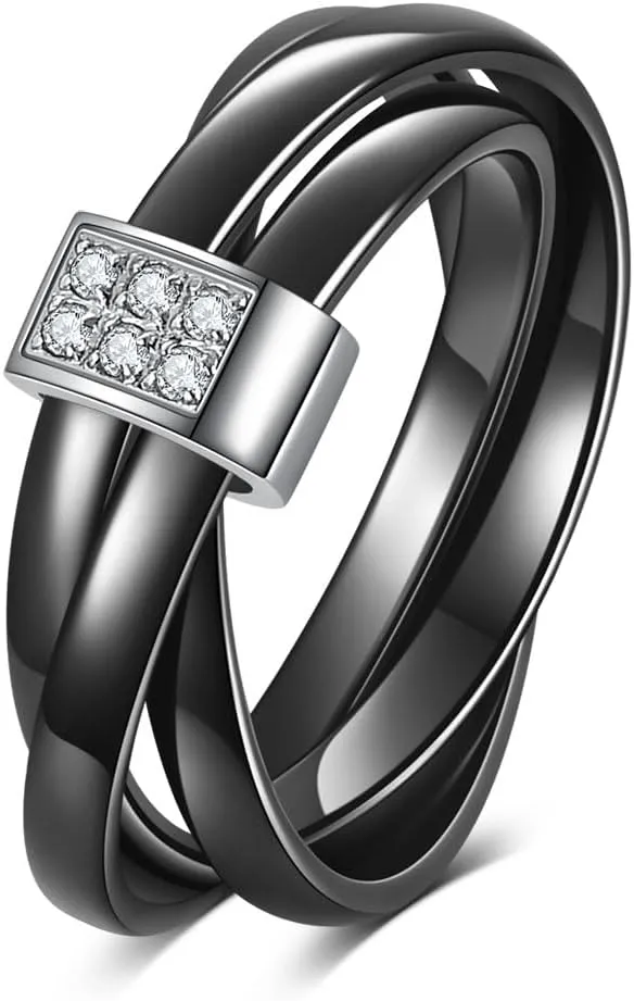 Ceramic Wedding Band Ring for Women Stackable Rings, Polished Ceramic with Stainless Steel & Zirconia Patchwork