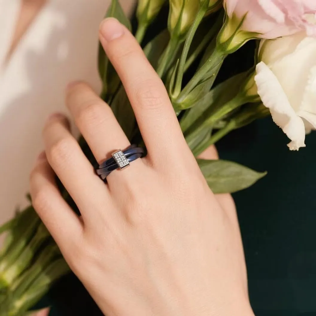 Ceramic Wedding Band Ring for Women Stackable Rings, Polished Ceramic with Stainless Steel & Zirconia Patchwork