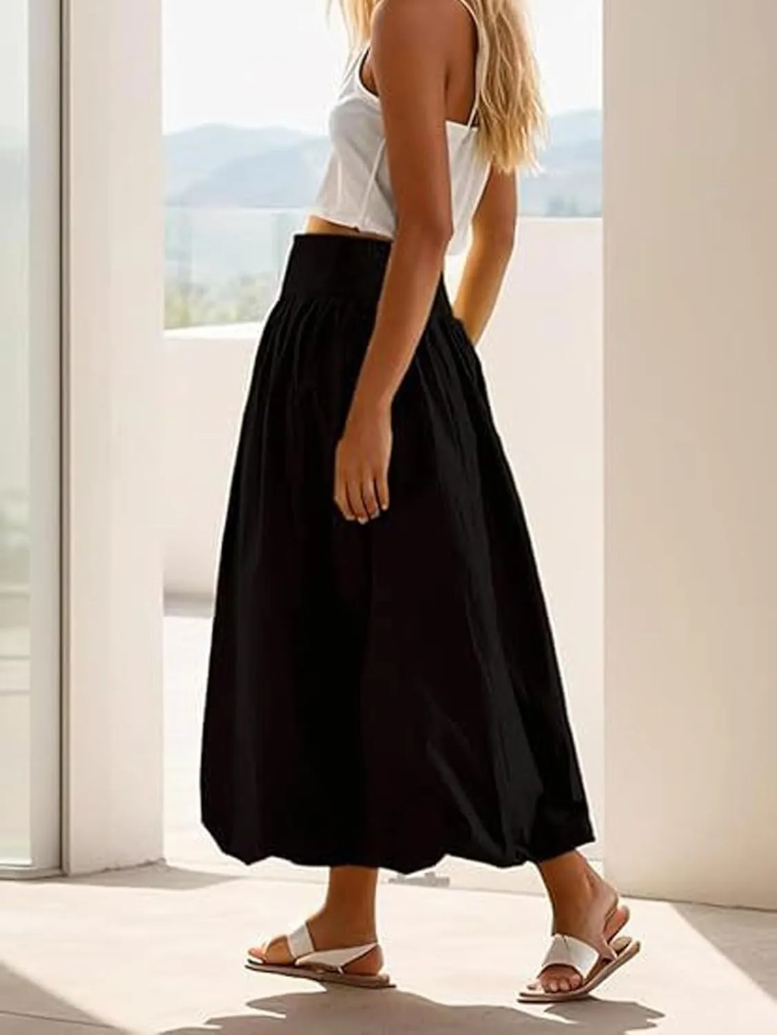 CHARTOU Flowy Long Bubble Skirts for Women Boho Cargo Balloon Skirt Elastic Waist Ruffle Pleated Midi Skirt