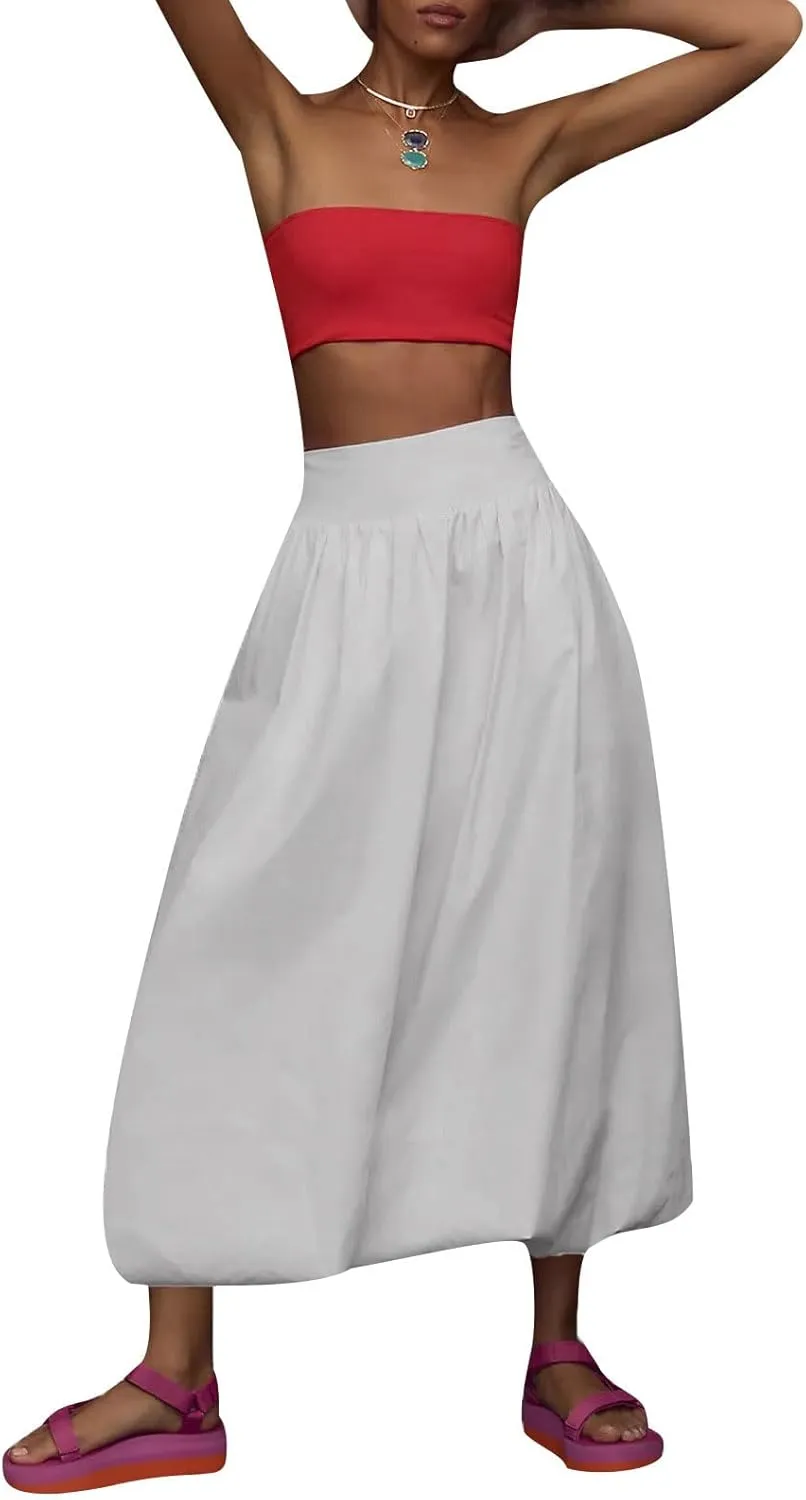 CHARTOU Flowy Long Bubble Skirts for Women Boho Cargo Balloon Skirt Elastic Waist Ruffle Pleated Midi Skirt