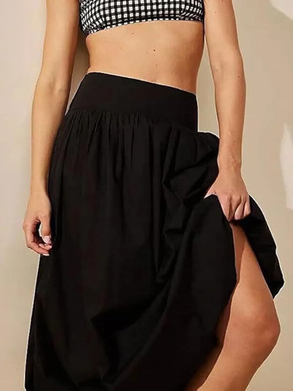 CHARTOU Flowy Long Bubble Skirts for Women Boho Cargo Balloon Skirt Elastic Waist Ruffle Pleated Midi Skirt