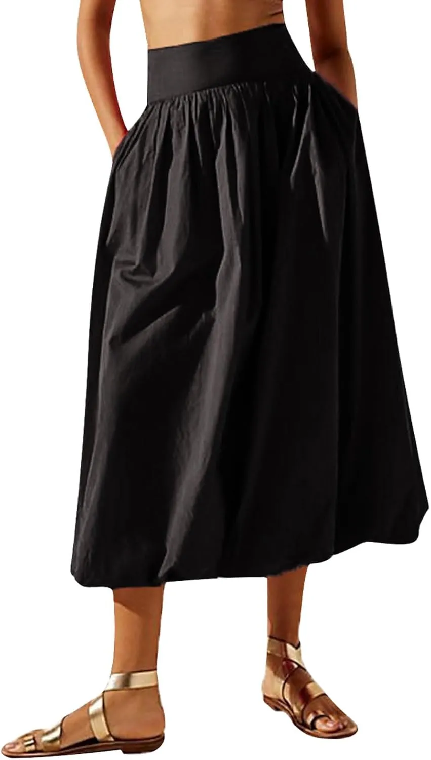 CHARTOU Flowy Long Bubble Skirts for Women Boho Cargo Balloon Skirt Elastic Waist Ruffle Pleated Midi Skirt