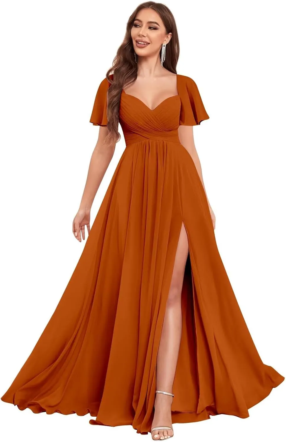 Chiffon Bridesmaid Dresses Long with Slit for Wedding Women Sweetheart Ruched Formal Evening Dress with Sleeves