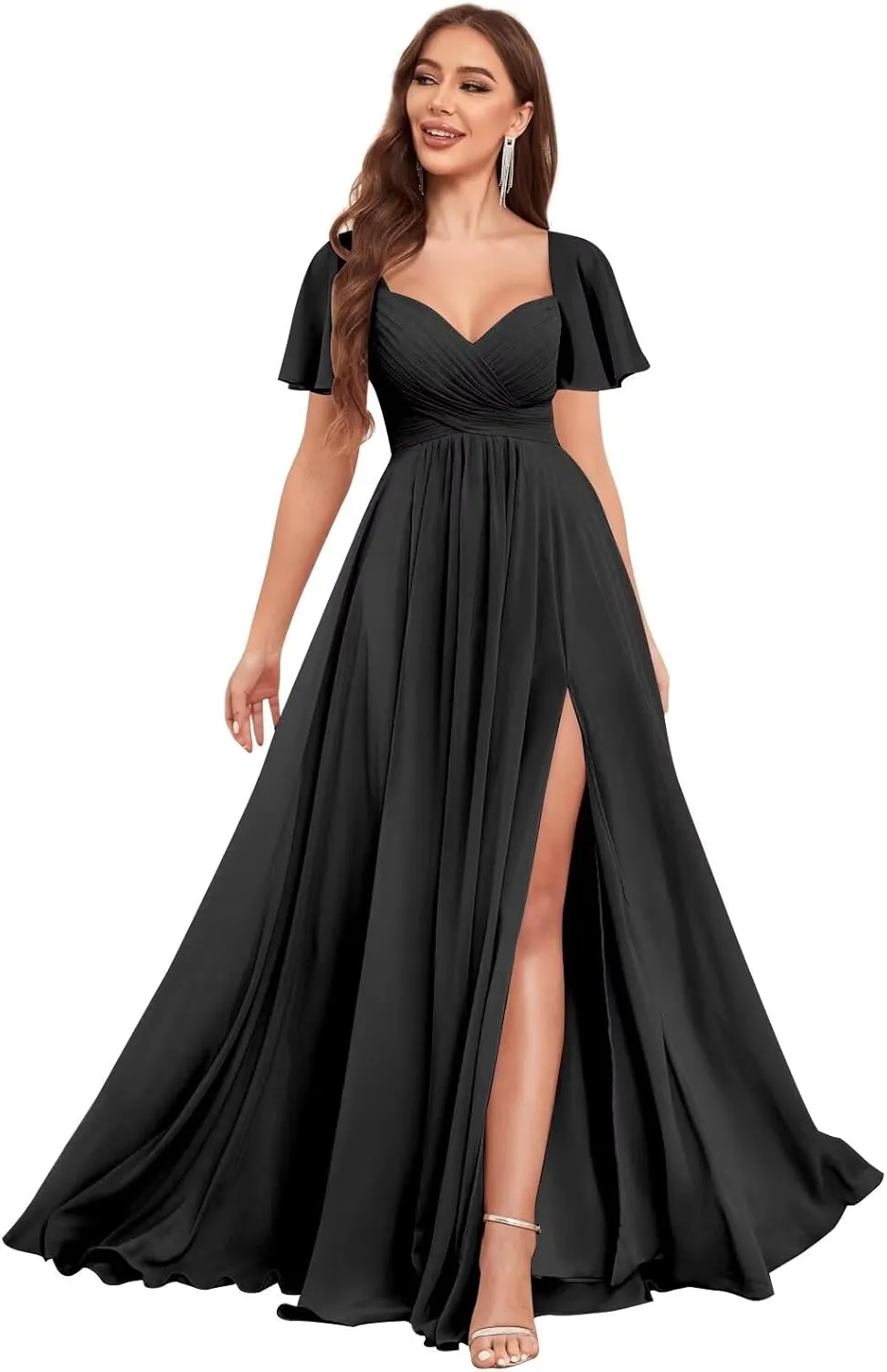 Chiffon Bridesmaid Dresses Long with Slit for Wedding Women Sweetheart Ruched Formal Evening Dress with Sleeves