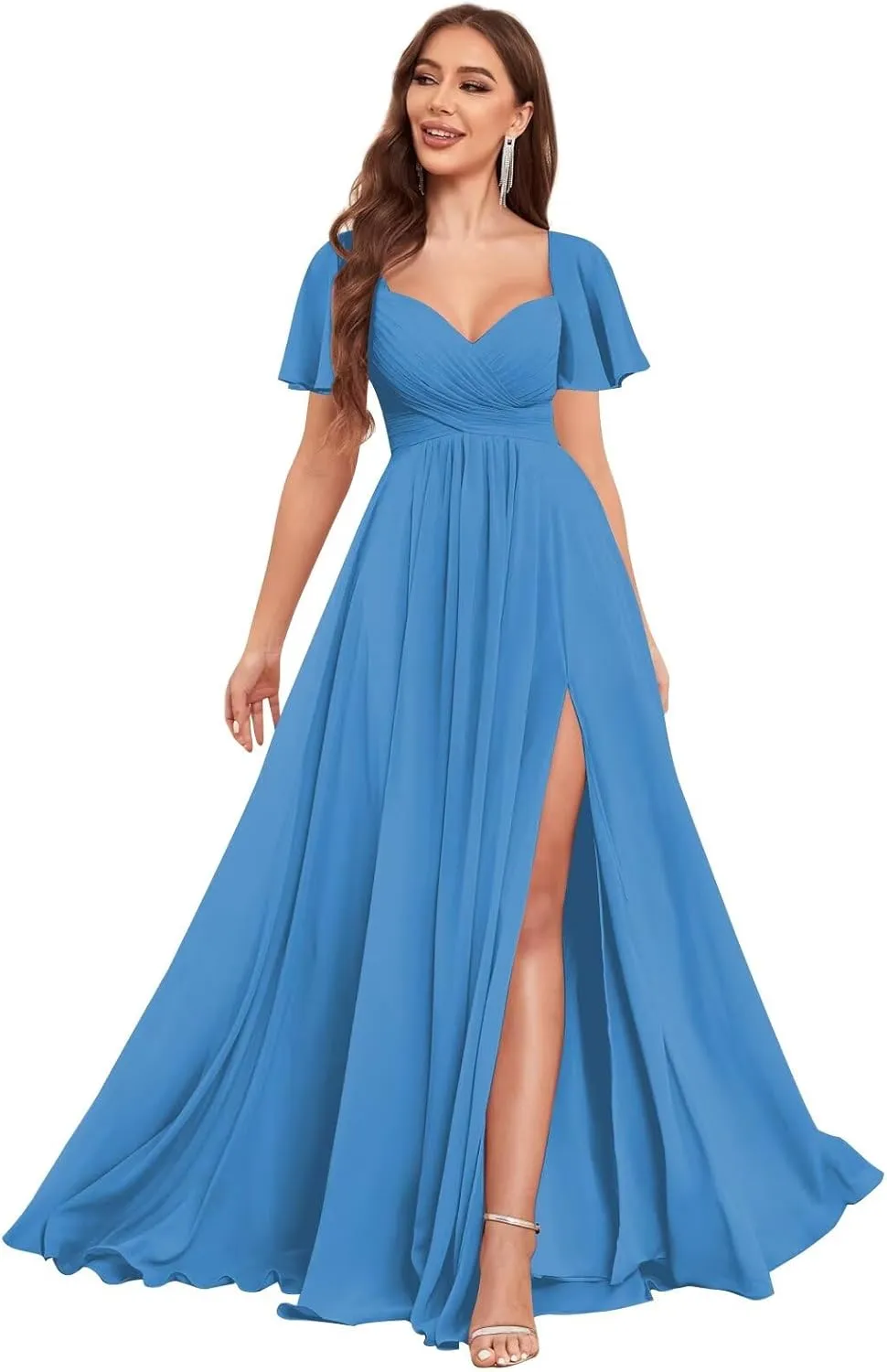 Chiffon Bridesmaid Dresses Long with Slit for Wedding Women Sweetheart Ruched Formal Evening Dress with Sleeves