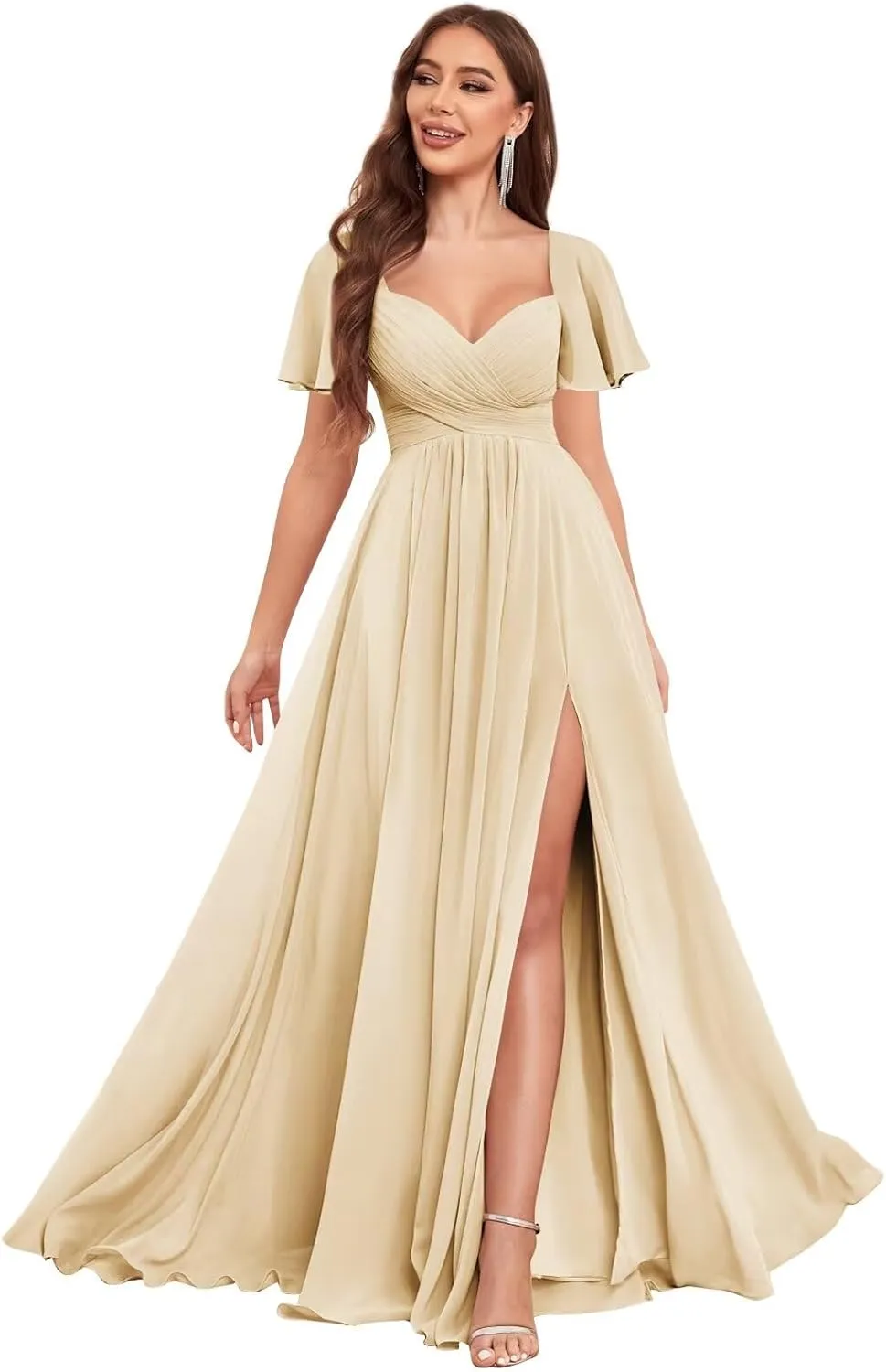 Chiffon Bridesmaid Dresses Long with Slit for Wedding Women Sweetheart Ruched Formal Evening Dress with Sleeves