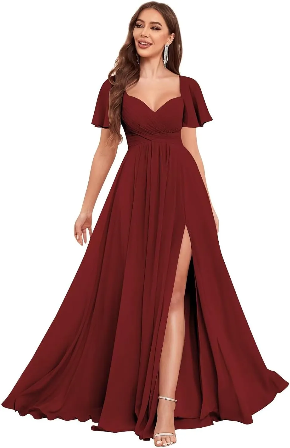 Chiffon Bridesmaid Dresses Long with Slit for Wedding Women Sweetheart Ruched Formal Evening Dress with Sleeves
