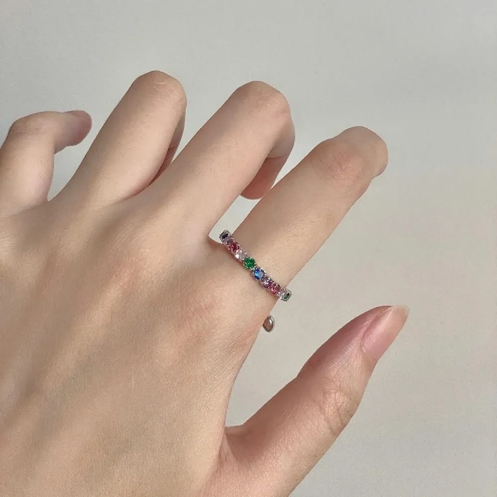 Colorful Cubic Zirconia Link Chain Statement Rings for Women Geometry Tiny Rhinestone Square Ring Dangle Heart Stackable Adjustable Finger Band Dainty Jewelry