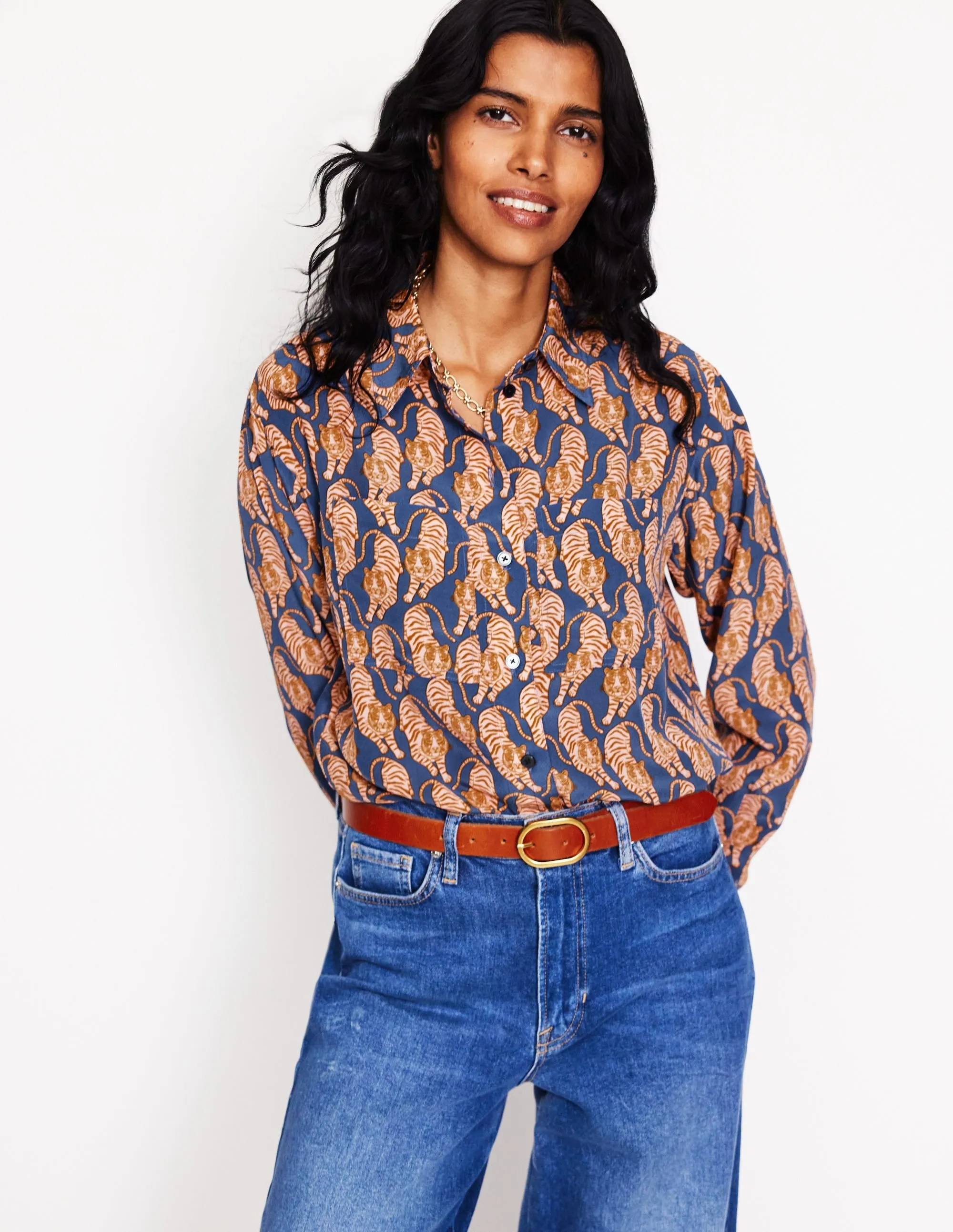 Connie Relaxed Silk Shirt-Denim Blue, Tiger