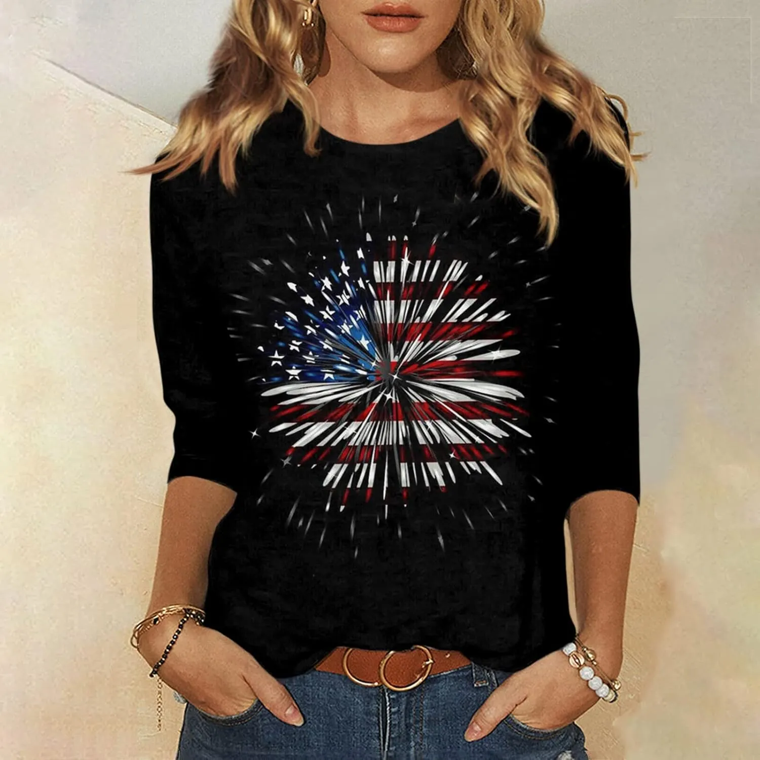 COTECRAM Womens Casual 3/4 Lenght Sleeve Tops Trendy Loose Shirts Crewneck Printed Cute Blouse Graphic Tees Tunics