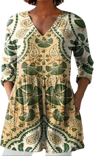 Cotton Linen Boho Tops for Women Casual Vintage Long Sleeve Shirt Floral Graphic V Neck Blouses Vacation Tunics